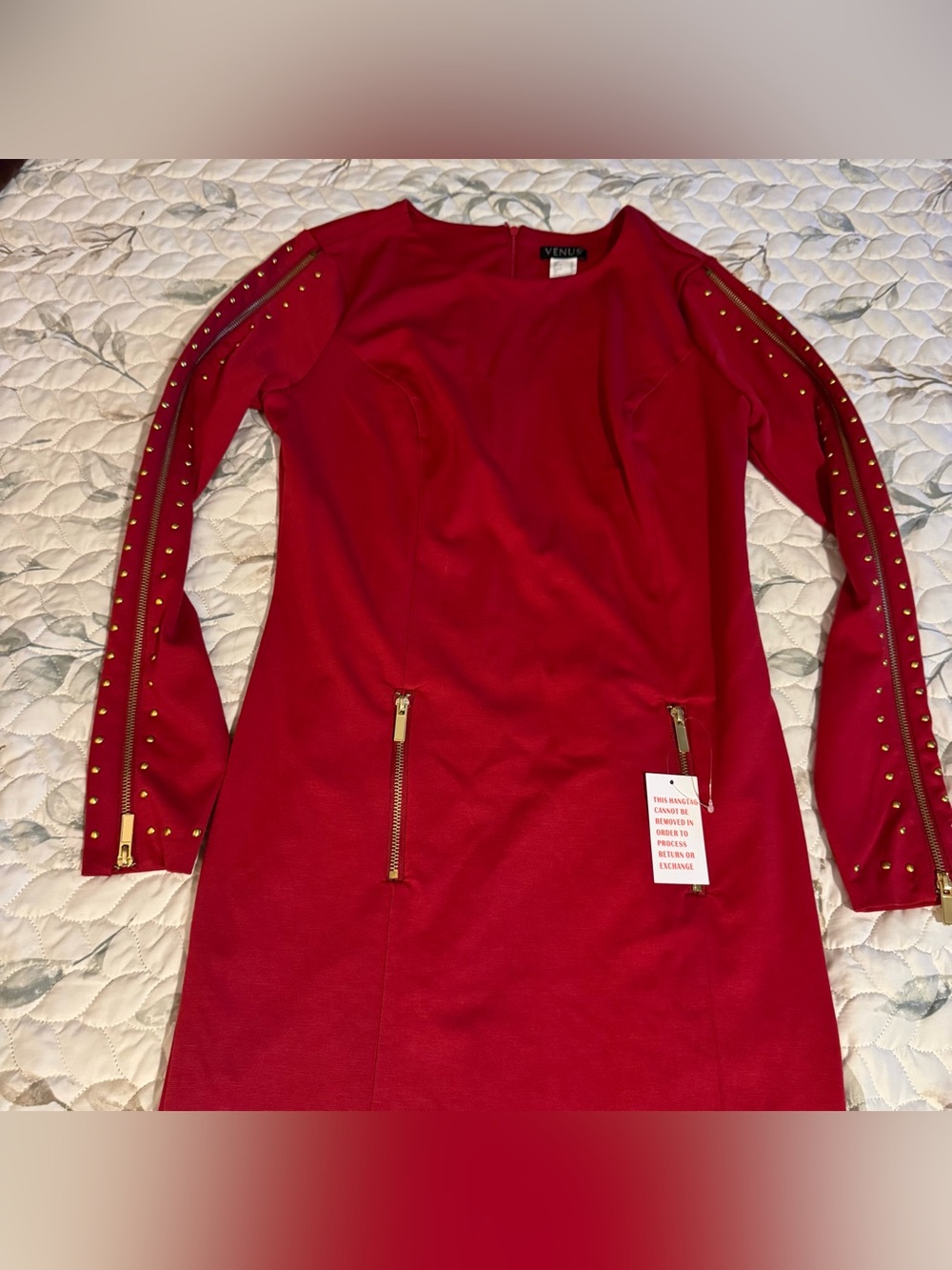 NWT VENUS Red Studded Accent Zipper Sleeve Sheath Dress Size 8 - Picture 2 of 10